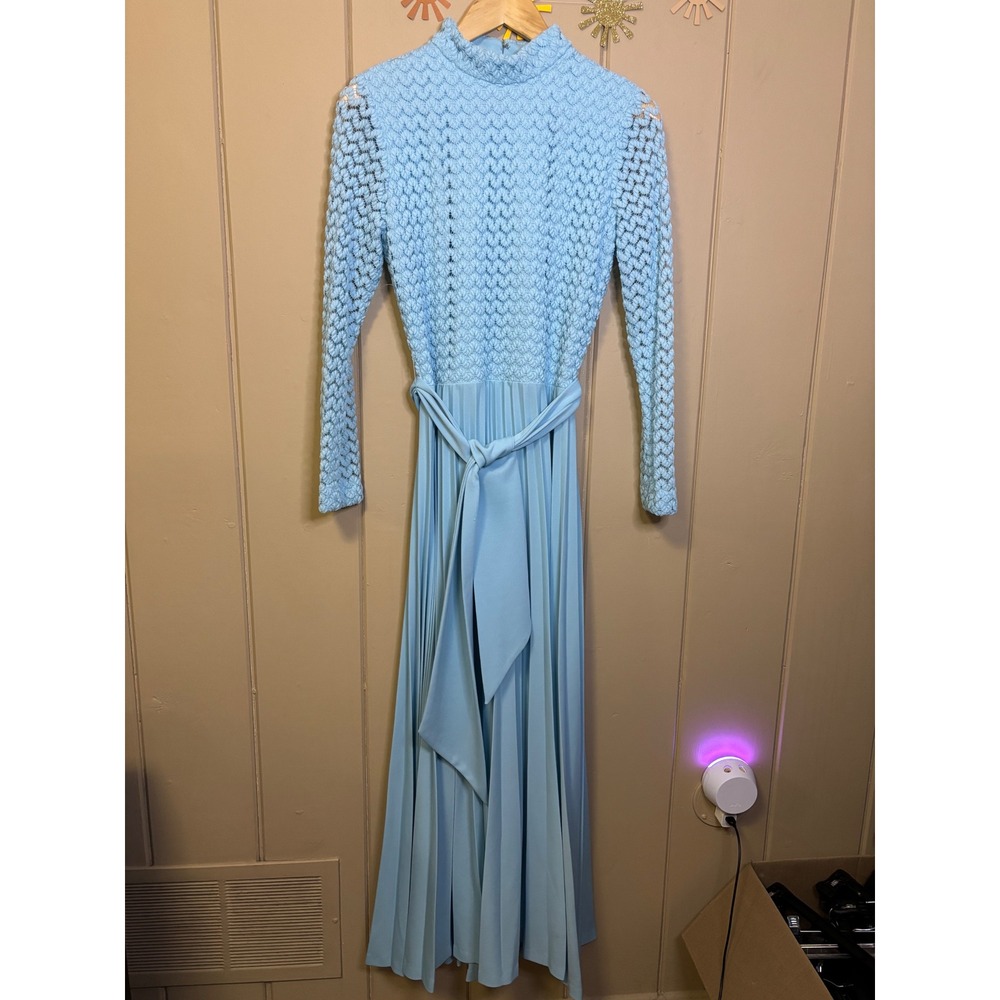 Vintage Sky Blue Crochet High Neck Maxi Dress Polyester Size M
